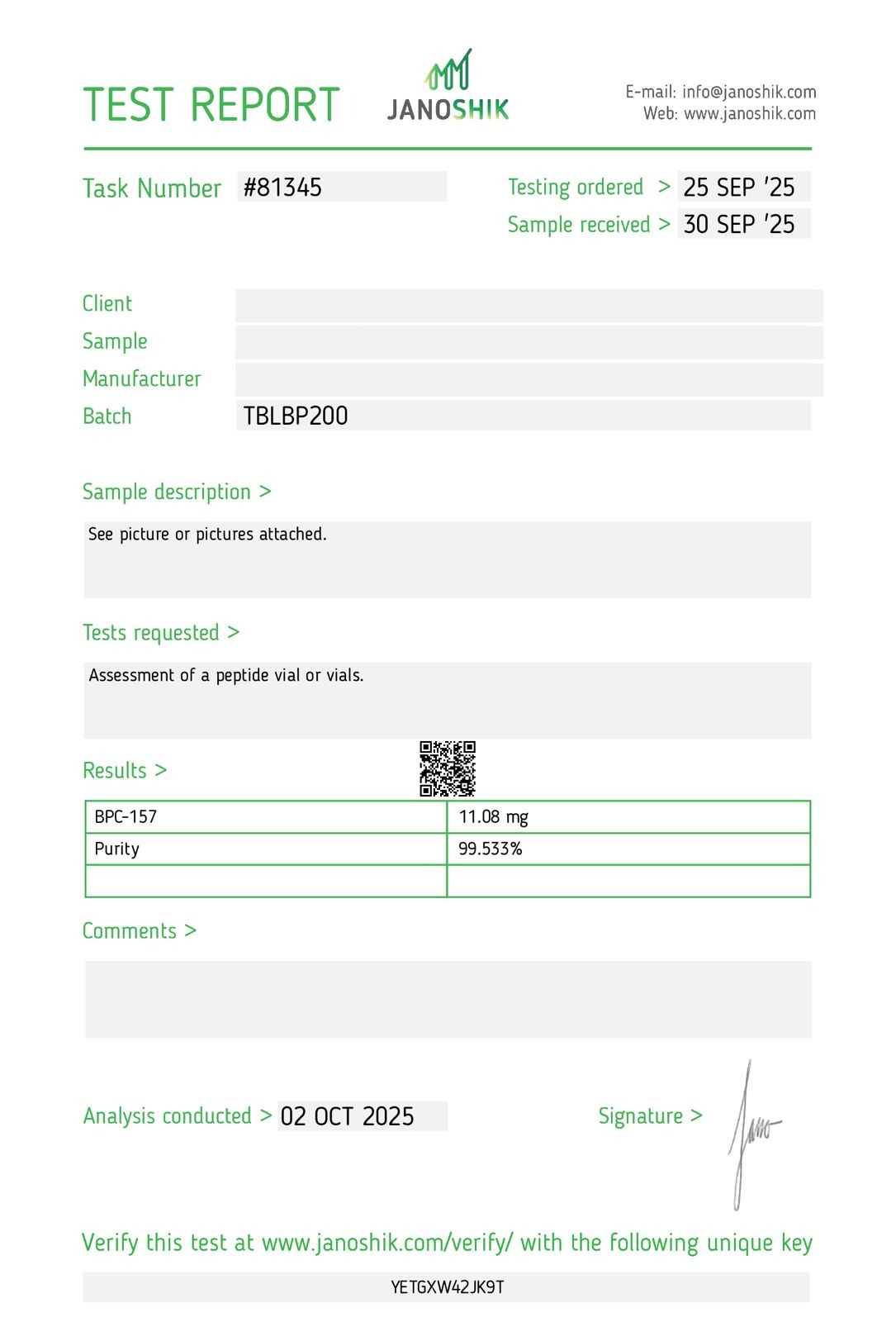BPC-157 10mg Certificate of Analysis — 99.533% purity, Janoshik Analytical
