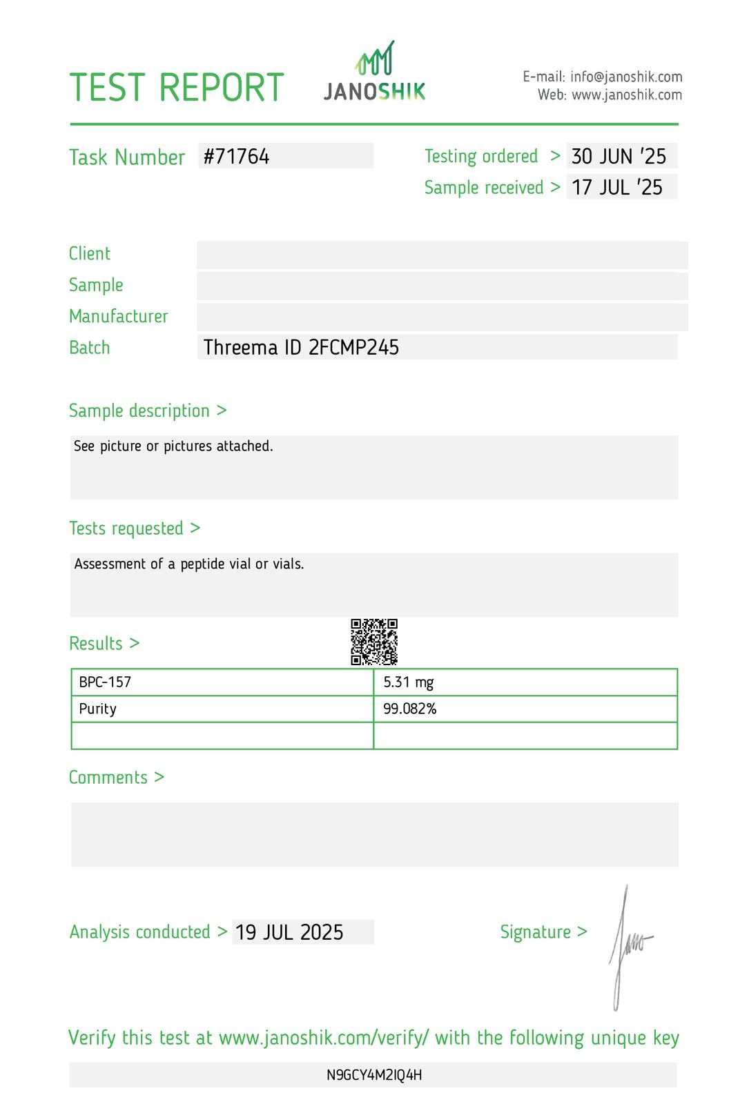 BPC-157 5mg Certificate of Analysis — 99.082% purity, Janoshik Analytical
