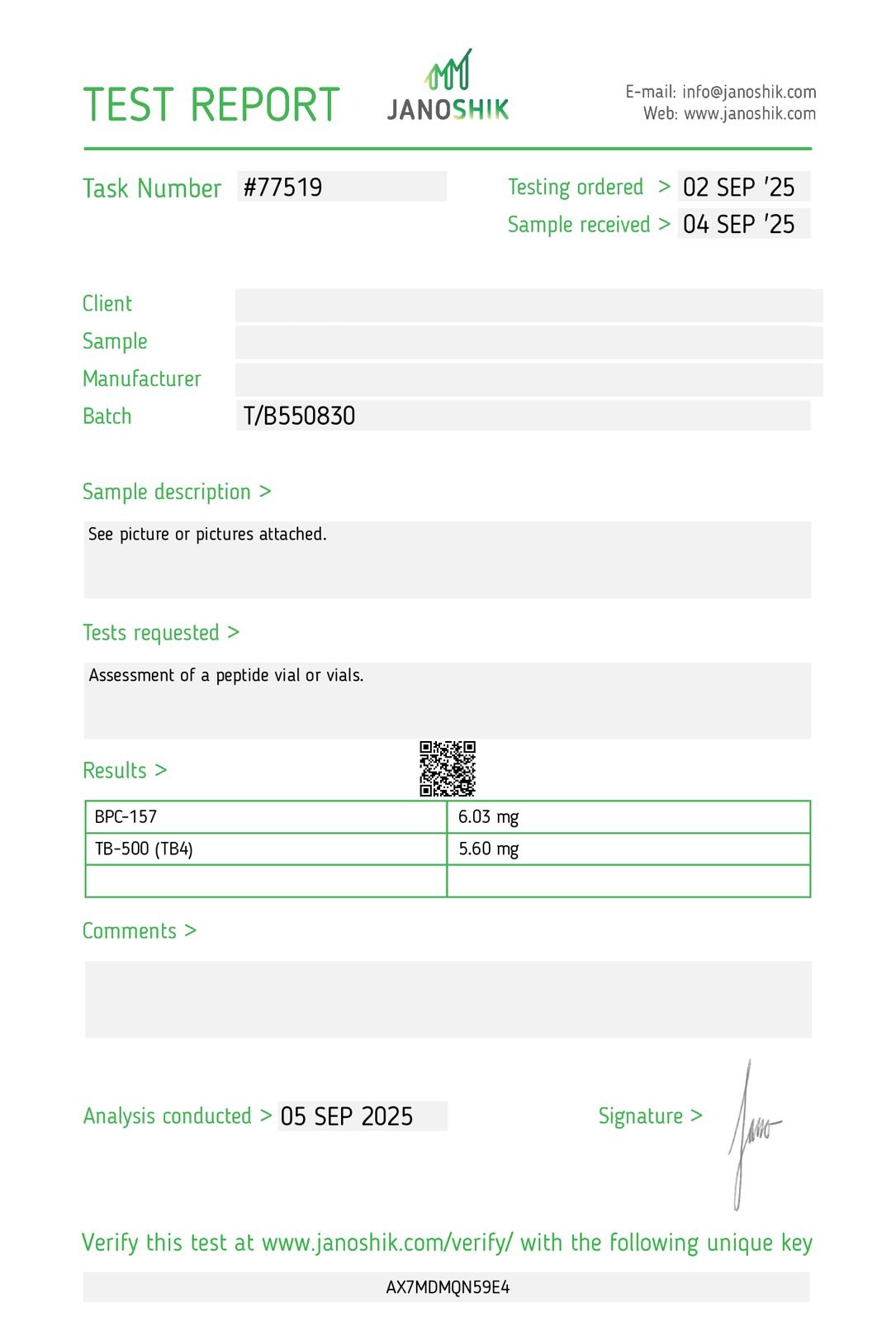 BPC-157 + TB-500 10mg (BPC+TB 5/5) Certificate of Analysis — Janoshik Analytical